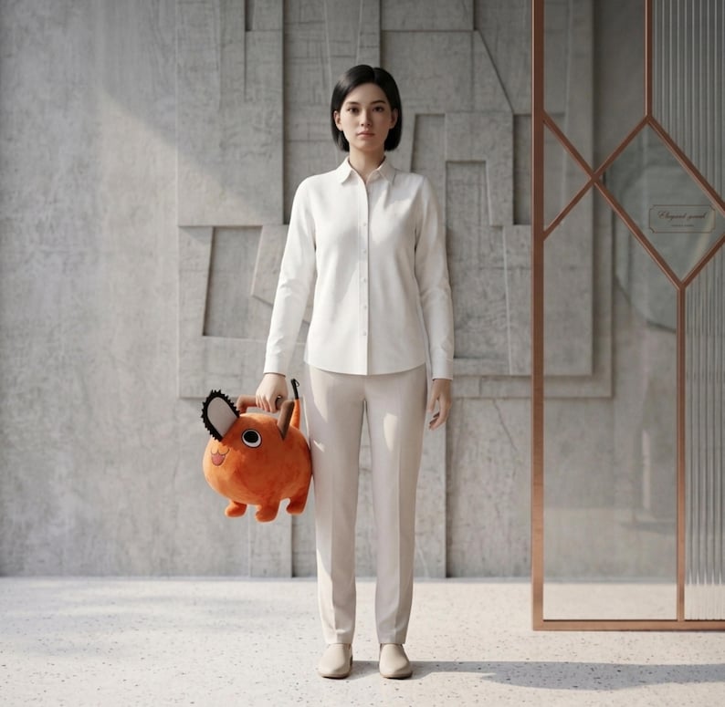May include: A person wearing a white button-down shirt and beige pants holds an orange plush toy with a chainsaw design. The toy has a black and white chainsaw blade and a smiling face. The background features a textured gray wall and a glass door.