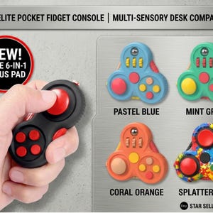 Pode incluir: Uma consola fidget Elite 6-em-1 Focus Pad preta e vermelha. A imagem também mostra quatro outras consolas fidget em azul pastel, verde menta, laranja coral e designs de tinta salpicada.
