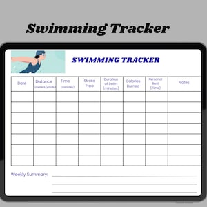 May include: A digital swimming tracker displayed on a tablet. The screen shows a table with columns for date, distance (meters/yards), time, stroke type, duration, calories burned, personal best time, and notes. The title "Swimming Tracker" is at the top.