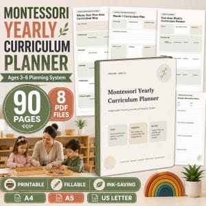 Op de afbeelding: Een Montessori jaarlijkse curriculumplanner met 90 pagina's en 8 PDF-bestanden. De planner heeft een witte kaft met groene tekst en een bladicoon, inclusief secties voor plannen, observeren en beoordelen. Geschikt voor A4, A5 en US Letter formaten.
