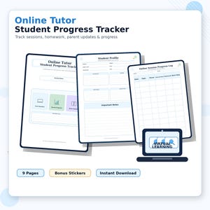 Online Tutor Student Progress Tracker Printable | Virtual Tutor Planner PDF, Student Review Sheet, Parent Update Log | A4 A5 Us Letter