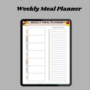 Puede incluir: Un planificador de comidas semanal digital en una tableta. El planificador presenta secciones para cada día de la semana y una lista de compras. El título "Weekly Meal Planner" se muestra en la parte superior. El fondo es gris claro.
