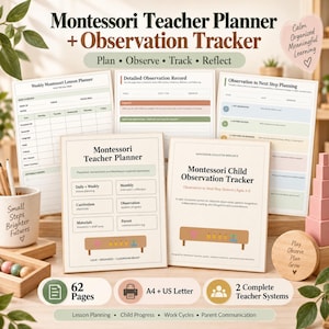 Peut inclure: Un ensemble de planificateur pour enseignant Montessori et suivi d'observation comprenant 62 pages aux formats A4 et US Letter. Il inclut des feuilles de planification de cours, des fiches d'observation détaillées et des formulaires de suivi.