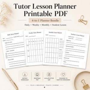 May include: A printable PDF tutor lesson planner bundle. The bundle includes daily, weekly, monthly, and student lesson planners. The white pages have black lines and text for organization. The text includes "Instant Download", "Printable PDF", "A4 & US Letter Size", and "Designed to Keep You Organized".