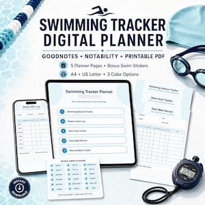 Könnte beinhalten: Ein digitaler Schwimm-Planer mit Tablet und Smartphone, die Protokollseiten anzeigen, dazu ein Bogen mit Bonus-Schwimmaufklebern und eine Stoppuhr. Der Text lautet Swimming Tracker Digital Planner, Goodnotes, Notability, Printable PDF, 5 Planner Pages, A4, US Letter und 3 Color Options.
