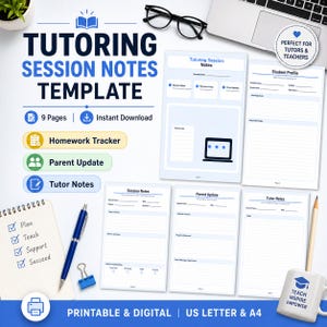 May include: A digital tutoring session notes template featuring nine pages including a homework tracker, parent update, and tutor notes. The layout includes sections for student profiles, session logs, and progress tracking, presented in a clean blue and white design with icons.