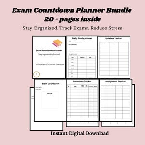 May include: An exam countdown planner bundle with 20 pages, designed to help students stay organised, track exams, and reduce stress. Includes daily study, syllabus, Pomodoro, and assignment trackers. Printable PDF, instant download.