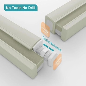 May include: Close-up of a beige tension rod system with the text "No Tools No Drill". The system features a tension mechanism and anti-slip parts. The design is shown in detail, highlighting its functionality.