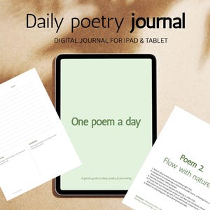 Könnte beinhalten: Ein digitales Poesie-Journal für iPad und Tablet. Das Bild zeigt ein Tablet mit dem Text "One poem a day" auf dem Bildschirm. Zwei Papierblätter befinden sich auf beiden Seiten des Tablets. Ein Blatt hat liniertes Papier und das andere den Text "Poem 2. Flow with nature."