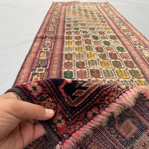 Afghan Handmade Woolen Nomadic Runner Rug, 2.5x7.7 Ft Antique Tribal Hallway Entryway Rug, Geometric Khesti Panel Rug
