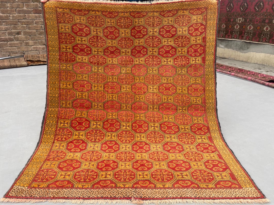 1950s Faded Square 4x5 Rug, Antique Afghan Handmade Distressed Orange ...