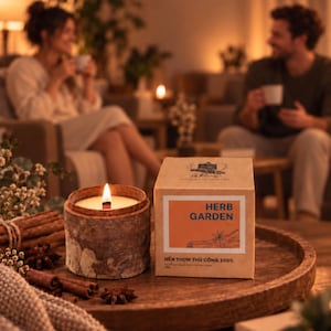 May include: A lit candle in a textured bark-covered container next to a square cardboard box labelled Herb Garden. The box features a white label with orange accents, star anise and cinnamon stick illustrations, and the text Nến Thơm Thủ Công 100%.