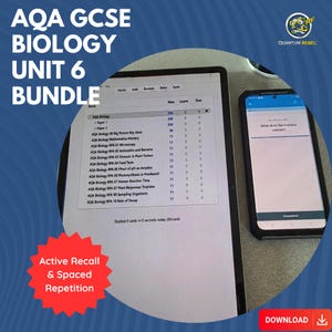 Może przedstawiać: Cyfrowy pakiet edukacyjny zatytułowany AQA GCSE BIOLOGY UNIT 6 BUNDLE wyświetlany na ekranie tabletu i smartfona. Interfejs pokazuje listę tematów z biologii, w tym mikroskopię, osmozę i fotosyntezę, z aktywnym przypominaniem i powtarzaniem.