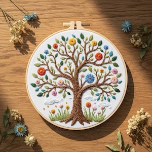 Könnte beinhalten: Gesticktes Baumkunstwerk in einem Holzreifen. Der Baum hat einen braunen Stamm und Äste mit bunten Blumen in Orange, Gelb, Blau und Rosa. Grüne Blätter und Gras sind ebenfalls im Design enthalten. Das Kunstwerk ist vor einem weißen Hintergrund.
