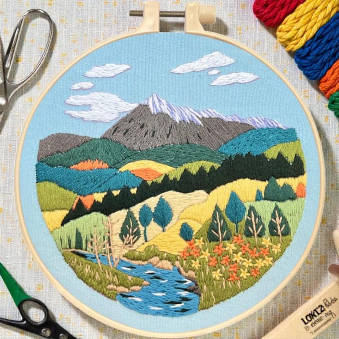 Landscape Embroidery Kit for Beginners & Mountain Needlepoint DIY Craft ...