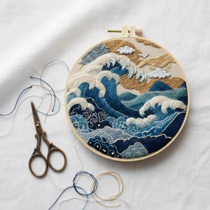 Ocean Wave Embroidery Kit, Japanese Seascape, Beginner DIY Craft