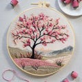 Cherry Blossom Embroidery Kit, Japanese Landscape, Beginner DIY Craft