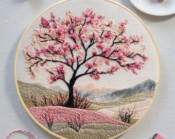Cherry Blossom Embroidery Kit, Japanese Landscape, Beginner DIY Craft