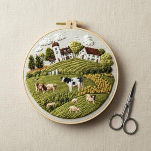 Puede incluir: Un bastidor de bordado circular con un paisaje cosido en hilo verde que muestra colinas, una granja blanca y un granero. Una vaca blanca y negra y varias ovejas pequeñas están bordadas en primer plano junto a unas tijeras de metal.