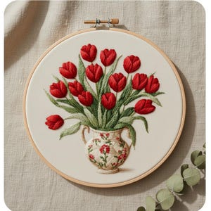 Red Tulip Embroidery Kit: Floral Vase Botanical Hoop Art, Beginner Needlework Craft