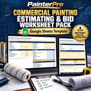 May include: A digital commercial painting estimating and bid worksheet pack for Google Sheets. The display shows a laptop and tablet with project estimate forms, a paint roller, a pen, and a clipboard with a checklist labelled Estimate, Bid, Win, Repeat.