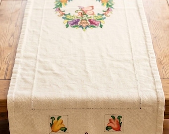Vintage handgeborduurde linnen tafelloper | Bloemenkrans kruissteek | Lange loper uit het midden van de eeuw volkskunst | Decoratie boerderijhuisje