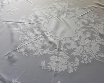 Vintage damast rond tafelkleed 63" | Ivoor jacquard bloemenpatroon pioenroos en rol | Linnen uit het midden van de eeuw