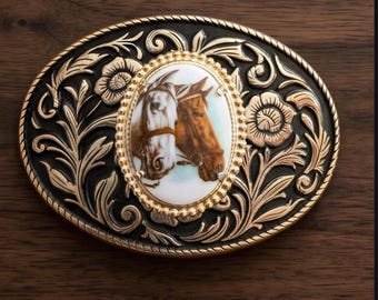 Vintage paard portret camee riemgesp | Ovale westerngesp met twee paarden | Zilver goud gegraveerd rolwerk | Jaren 70