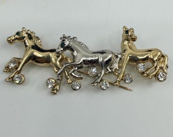 Vintage Running Horses Broche Goud Zilverkleurige Strass Paard Pin Westerse Paardensport Sieraden