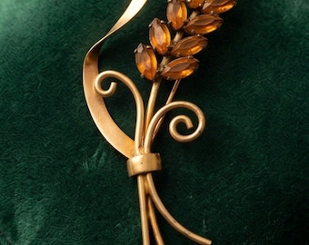 Coro 925 sterling vermeil bloemennevelbroche | Amber marquise strassteentjes | Tarweschoofboeketspeld | Jaren 40