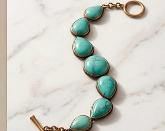 Lucky Brand Turquoise cabochon schakelarmband | Knevel met antiek messing | Boho statement-armband | Y2K
