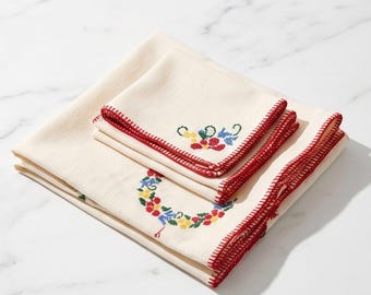 Vintage jaren 40/50 linnen kaartentafelset met kruissteek 30 x 30 + 4 servetten | Mahjong Canasta Bunco Game Night-tafelkleed