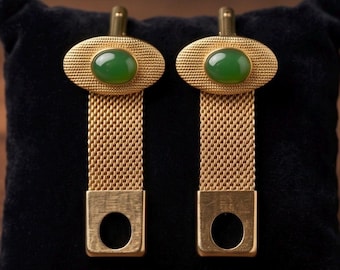 Vintage midden van de eeuw gouden mesh wrap manchetknopen groene cabochon steen ovaal gezicht Mad Men tijdperk jaren 1960 herenjurk accessoire