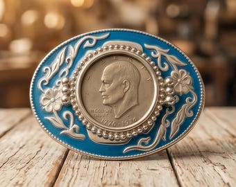Vintage 1976 Bicentennial Eisenhower Dollar Coin Gesp | Blauw geëmailleerd bloemenovaal | Ike-dollar | 1776-1976 | Amerikaans patriottisch