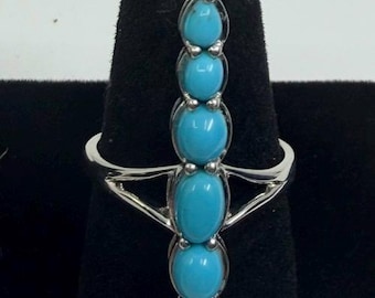 Vintage sterlingstijl turquoise cabochon statement ring, maat 7, open gespleten schacht, zuidwest