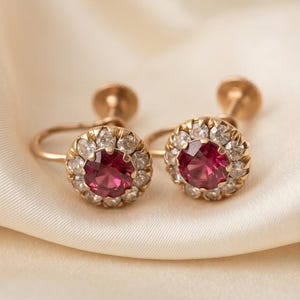 May include: A pair of gold screw-back earrings featuring a central round-cut deep red gemstone surrounded by a halo of small, clear, faceted stones. The metal setting is a warm gold tone, and the earrings include a threaded screw mechanism.