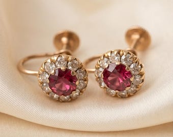 Vintage jaren 1940, 1950 Robijnrode strass halo schroefoorbellen goudkleurige kostuumsieraden halverwege de eeuw