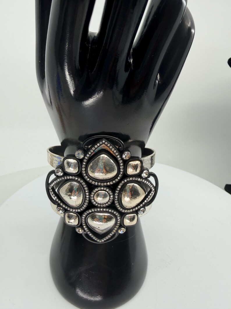 Retired Brighton Statement Cuff Bracelet: Black Enamel, Crystal, Hammered Silver Tone immagine 8