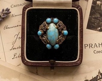 Vintage TSJECHISCHE messing filigraan cocktailring | Robin's Egg blauwe glazen cabochon | Art deco boho statement ring