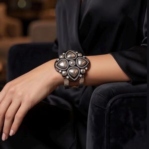 Retired Brighton Statement Cuff Bracelet: Black Enamel, Crystal, Hammered Silver Tone immagine 2
