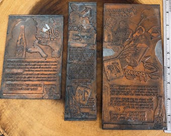 HALLAZGO EXCEPCIONAL ~ Juego de planchas de impresión de cobre de la campaña "Fresh Up" de 7Up, de la década de 1950 ~ 3 planchas publicitarias tipográficas a juego