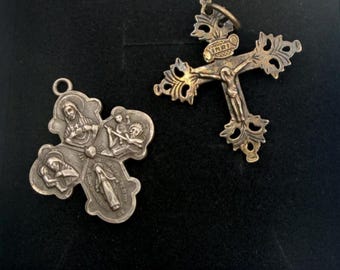 Vintage Sterling Silver Four-Way Medal & Silver-Plate INRI Crucifix Pendants