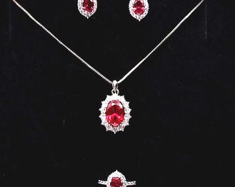 Op prinses Diana geïnspireerde Ruby Halo-sieradenset – hanger ketting oorbellen ring