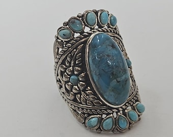 Sterlingzilveren turkoois BBJ-clusterring maat 6 | Statementring zuidwesten | Vintage Navajo-stijl