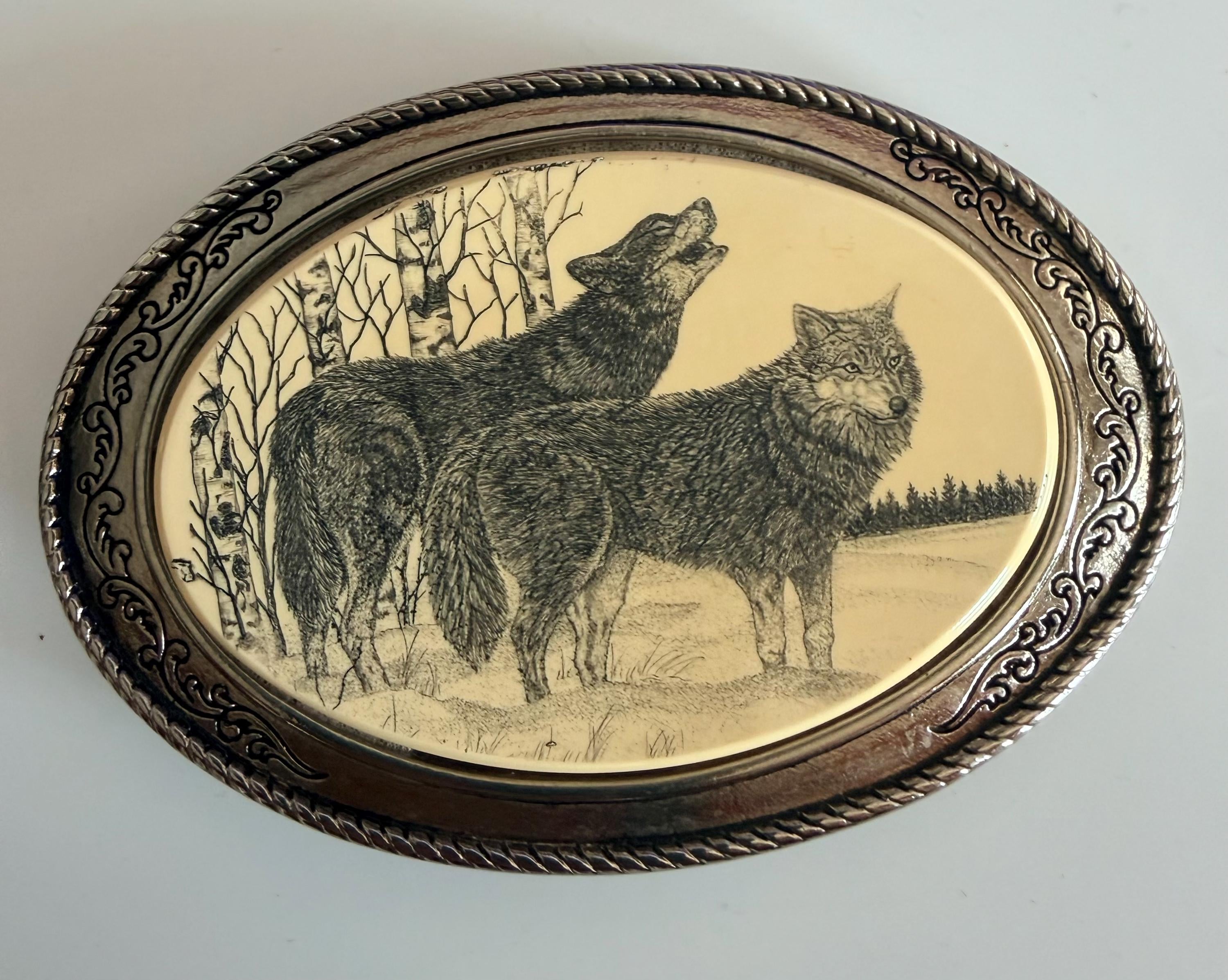 Vintage NIB BARLOW Belt Buckle Scrimshaw Jump Deer Silver 4\