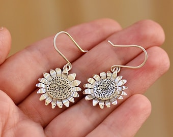 Sunflower Earrings, Floral Dangle Earrings, Sterling Silver Flower Earrings