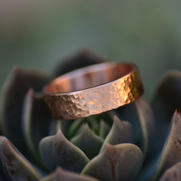 Hammered bright copper ring, 6mm wide rustic texture