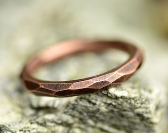Faceted copper ring band with brushed finish, Plain copper ring band