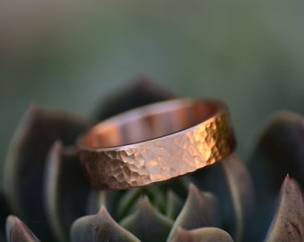 Hammered bright copper ring, 6mm wide rustic texture