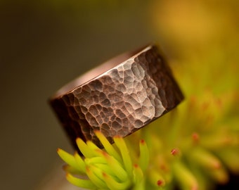 Rustic hammered copper ring, Wide copper ring